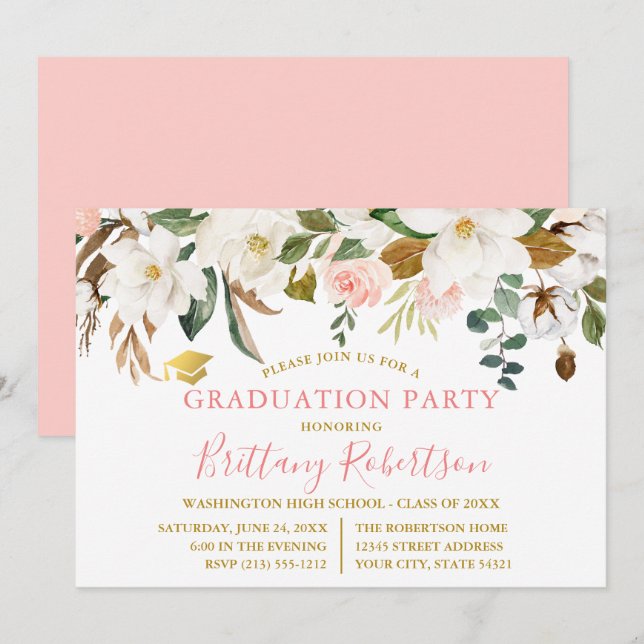 Studentfesten Watercolor Magnolias Ro Guld Inbjudningar (Fram/baksida)