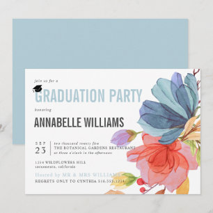 Studentfesten Watercolor Wildblomma Aqua Inbjudningar
