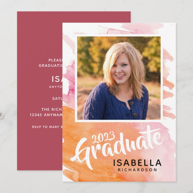 Studentfestens Rosa och Orange Vattenfärg Inbjudningar (Fram/baksida)