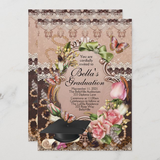 Studentkort för flickor inbjudningar (Fram/baksida)