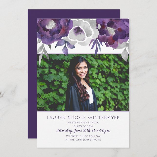 Studentkort för fotoLila Blommigt i trendig  Inbjudningar (Fram/baksida)