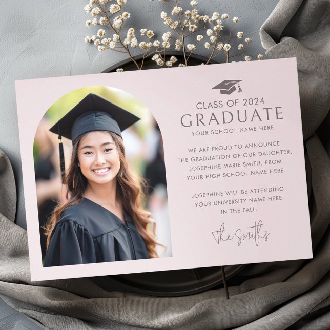 Studentmössa elegant ljusbåge ro taupfoto meddelande (Graduation cap elegant arch light rose taupe photo announcement)