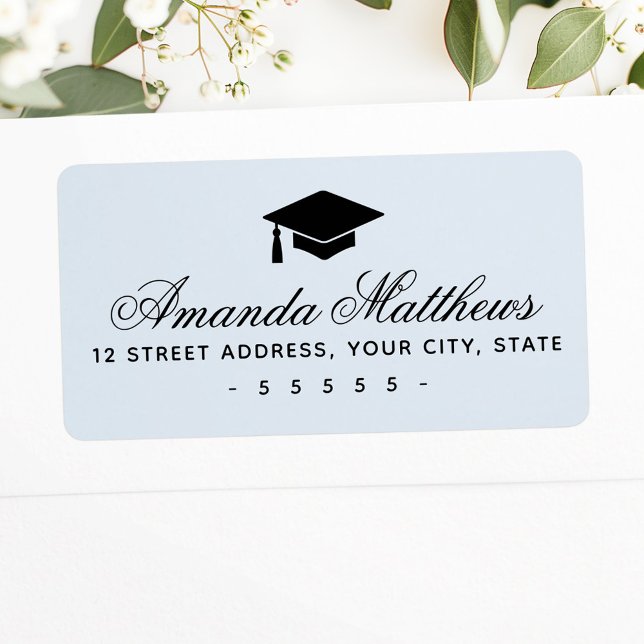Studentmössa elegant, skript blå returadress adressetikett (Graduation cap elegant script blue return address label)