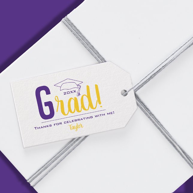 Studentmössa för lila och Gult Presentetikett (3.5" x 2" personalized graduation favor gift tags with yellow and purple grad cap )