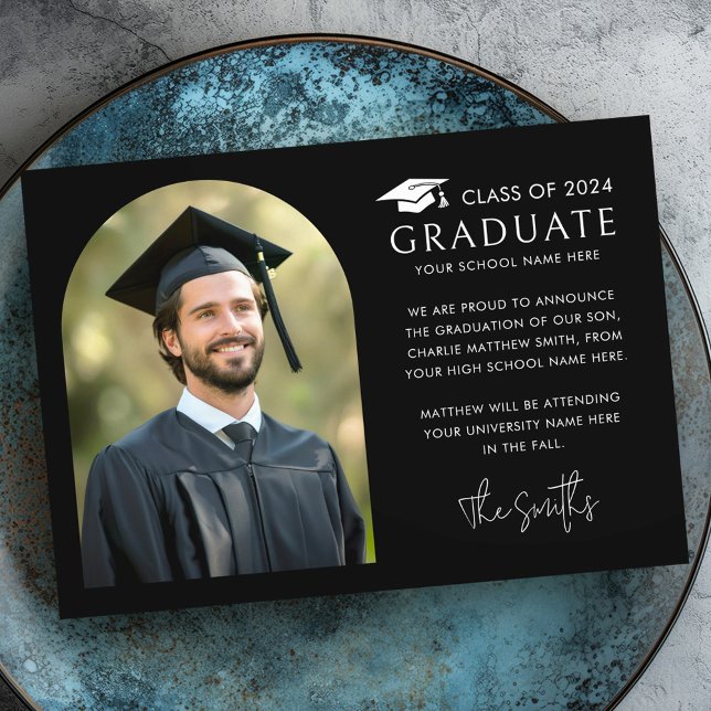studentmössa för svart elegant meddelande (Elegant arch black photo graduation cap announcement)