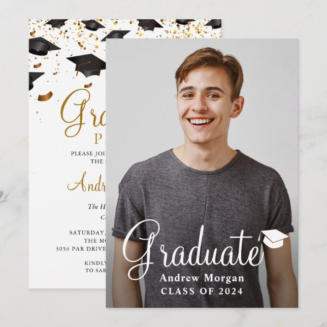 Studentmössa & Guld konetti Student Photo Grad Inbjudningar (Fram/baksida)