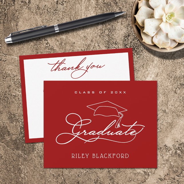 Studentmössa Kardinal Red Tack Anteckningskort (Graduation cap cardinal red flat thank you note cards have room for your message on the back.)