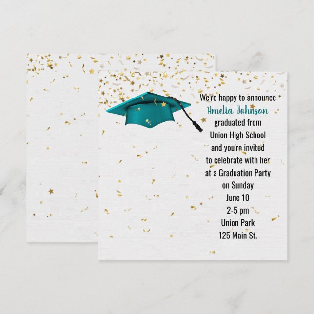 Studentmössa med Guld Confetti Inbjudningar (Fram/baksida)