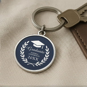 Studentmössa och Tassel Navy Blue College Emblem Rund Silverfärgad Nyckelring