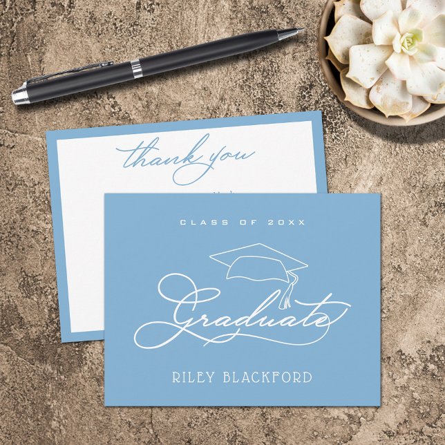 Studentmössa Powder Blue Tack Anteckningskort (Graduation Cap Flat Powder Blue Thank You Note Cards)