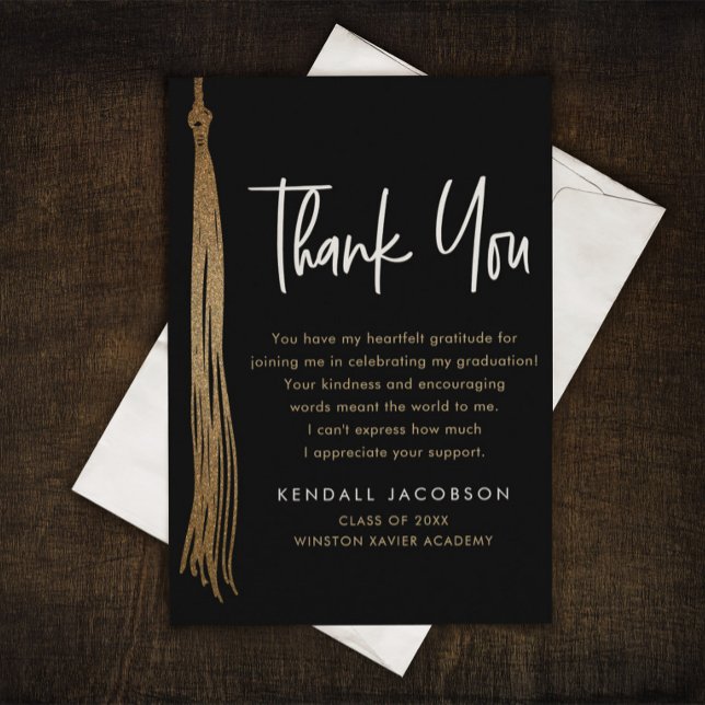 Studentmössa Tassel Guld Black Modern Tack Kort (Elegant Grad Cap tassel gold black thank you card.)