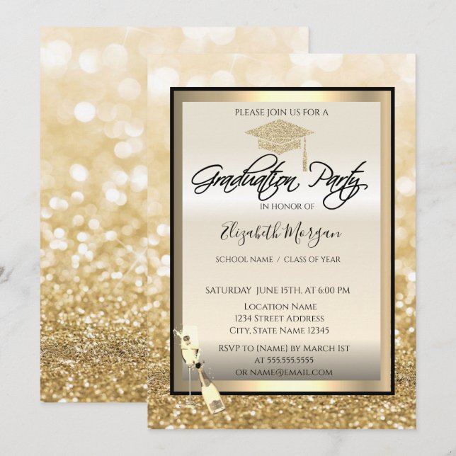 Studentmössa,Vin Glass Guld Bokeh Studenten Inbjudningar (Fram/baksida)