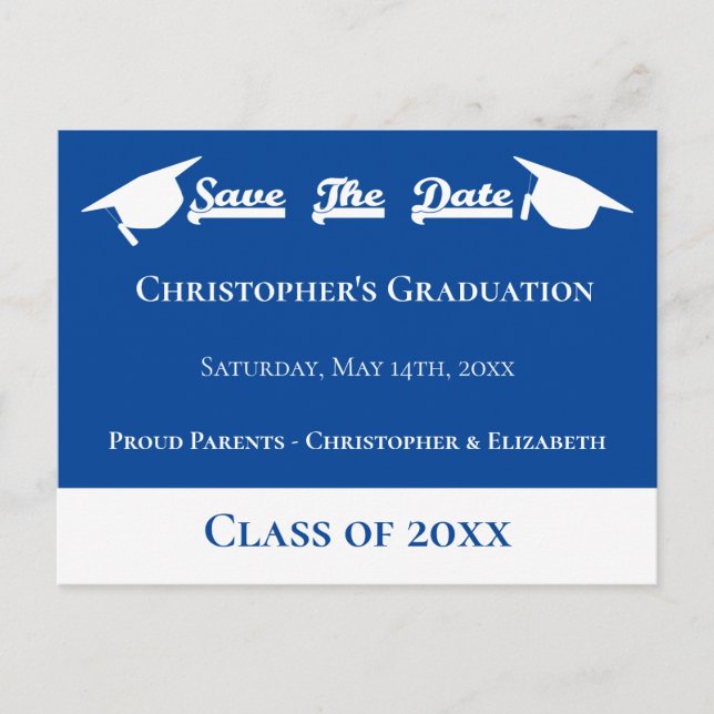 Studentmössan Modern Blue White Save Date - spara  Meddelande Vykort (Framsida)