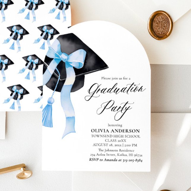 Studentmössan Modern Elegant Blue Bow Arched Inbjudningar (Skapare uppladdad)