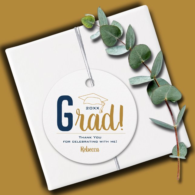 Studentmössan Navy Blue och Guld Gåvor Etiketter (2" round personalized graduation favor gift tags in navy blue and gold graduation cap )