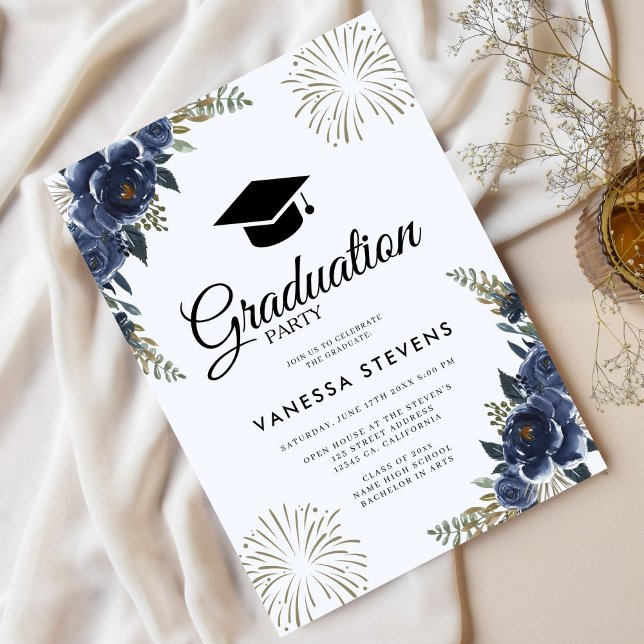 Studentmössan Party i den blå Blommigten Inbjudningar (Skapare uppladdad)
