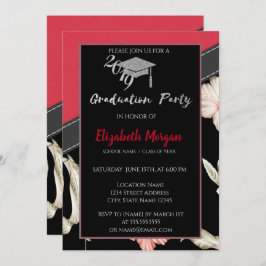 Studentmössan silver Glitter, blommor Inbjudningar