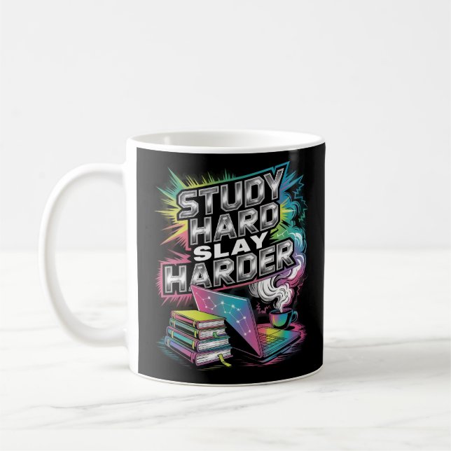 Studera Hård Slay Harder Chrome Neon Motivational Kaffemugg (Vänster)