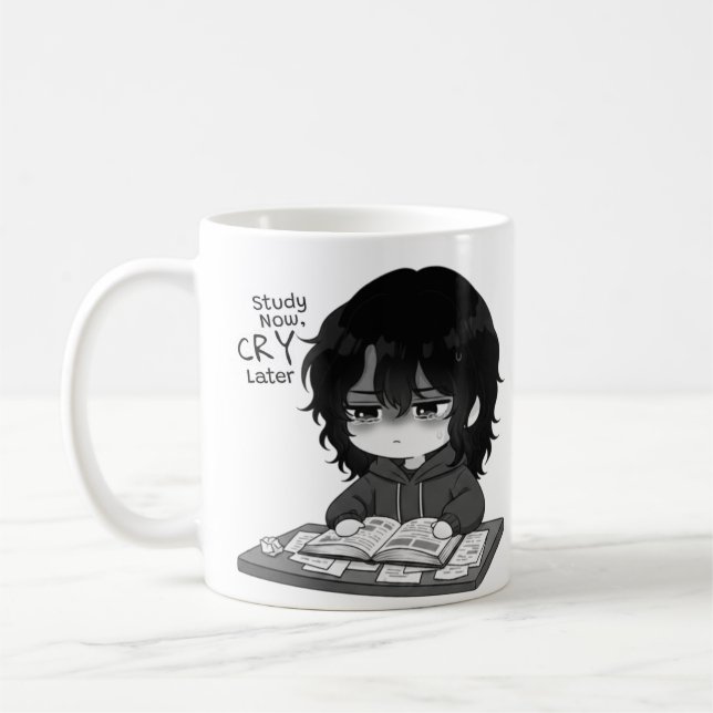 Studera Nu Gråta Sen Relaterbar Chibi-Student Illu Kaffemugg (Vänster)