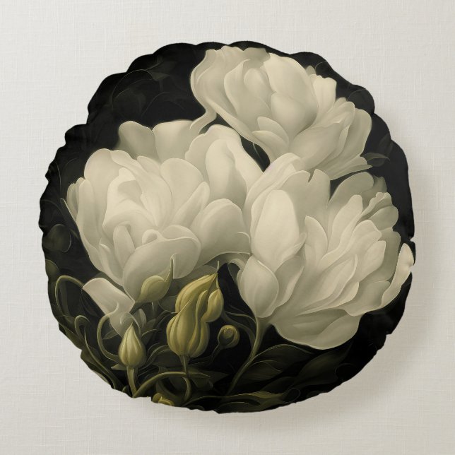 Studie av en Peony Flower i White Rund Kudde (Framsidan)