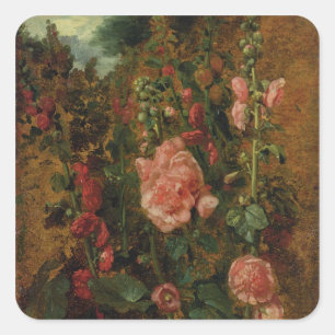 Studie av Hollyhocks, 1826 (olja ombord) Fyrkantigt Klistermärke