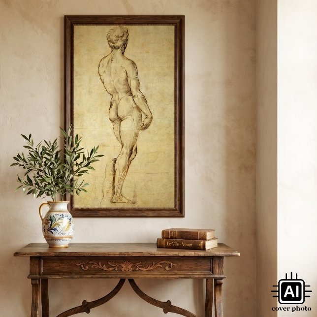 Studie av Michelangelos David-staty av Raphael Poster (Study of Michelangelo's David by Raphael is a vintage Renaissance sketch of David from behind.)