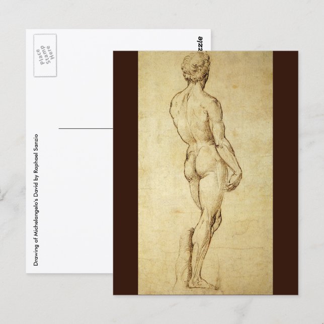 Studie av Michelangelos David-staty av Raphael Vykort (Fram/baksida)