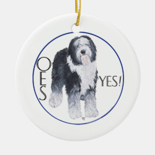 Studie av Old English Sheepdogs huvud Julgransprydnad Keramik