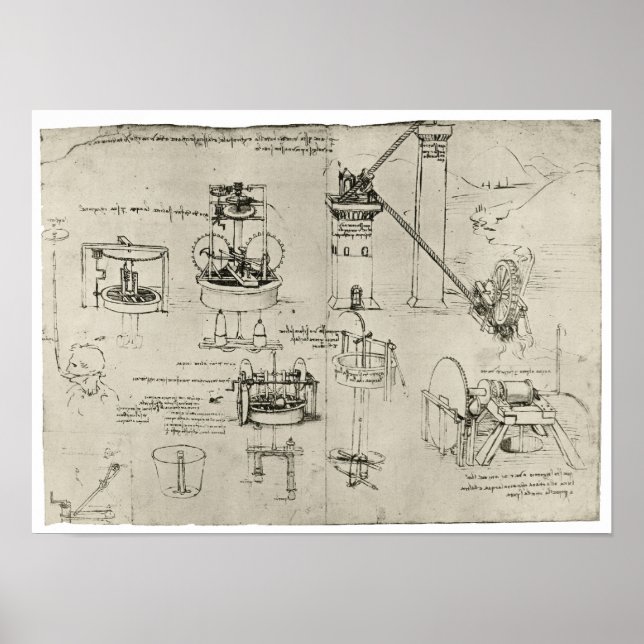 Studie av Suction Pumps, Leonardo da Vinci Poster (Framsidan)