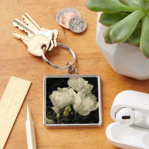 Studie av vita Peony Flowers Fyrkantig Silverfärgad Nyckelring