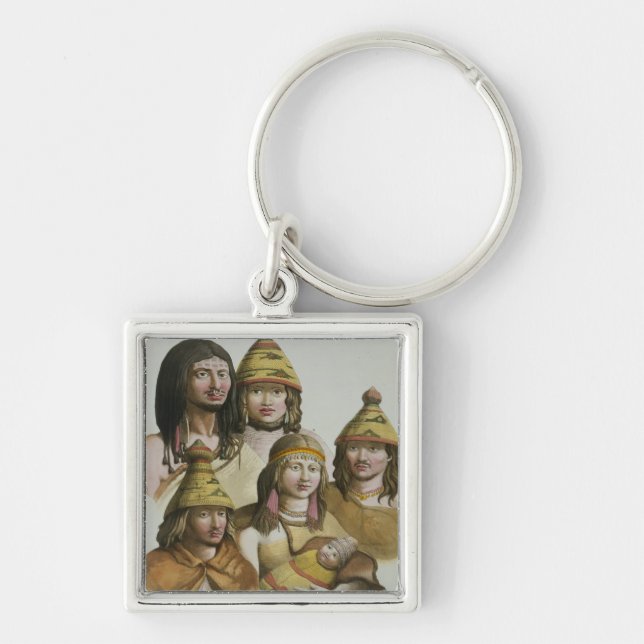 Studier av indianer (färglithoen) fyrkantig silverfärgad nyckelring (Framsidan)