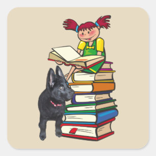 Study Buddy GSD Puppy & School Girl på Bokar Fyrkantigt Klistermärke