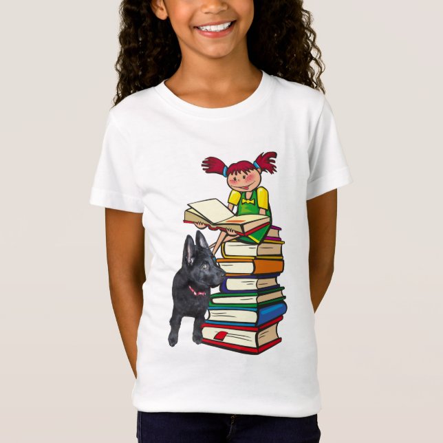 Study Buddy GSD Puppy & School Girl på Bokar T Shirt (Framsida)