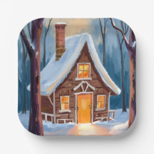 Stuga i de snöiga vinterskogarna akvarell