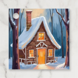 Stuga i de snöiga vinterskogarna jul gåvor etiketter