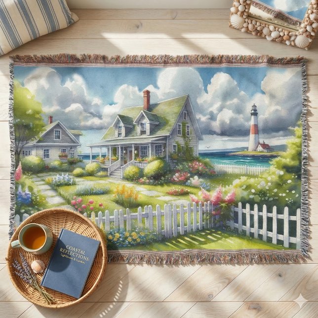 Stuga med utsikt över fyren filt (Cottage With View Of The Lighthouse Throw Blanket On Wood Floor)