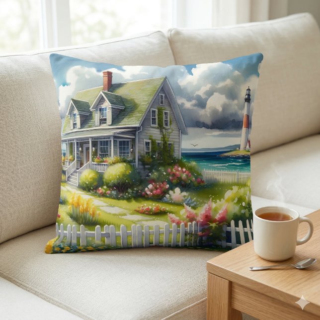 Stuga med utsikt över fyren kudde (Cottage With View Of The Lighthouse Throw Pillow Mockup A)
