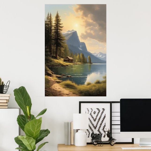 stuga mot en sjö nära bergen poster (Hemmakontoret)