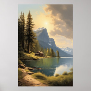 stuga mot en sjö nära bergen poster