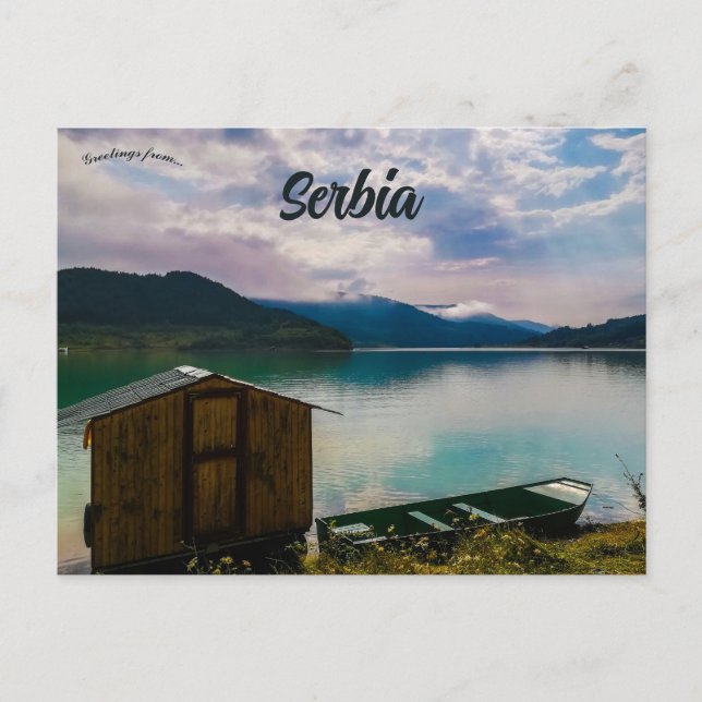 Stuga och båt på sjön Zavoj Serbien Vykort (Framsida)