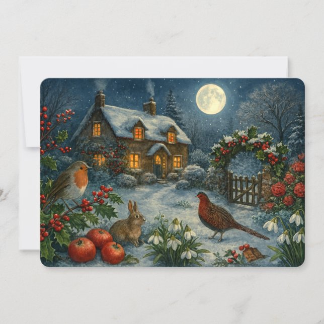 Stuga på en snöig vintermånljus natt jul julkort (Framsida)