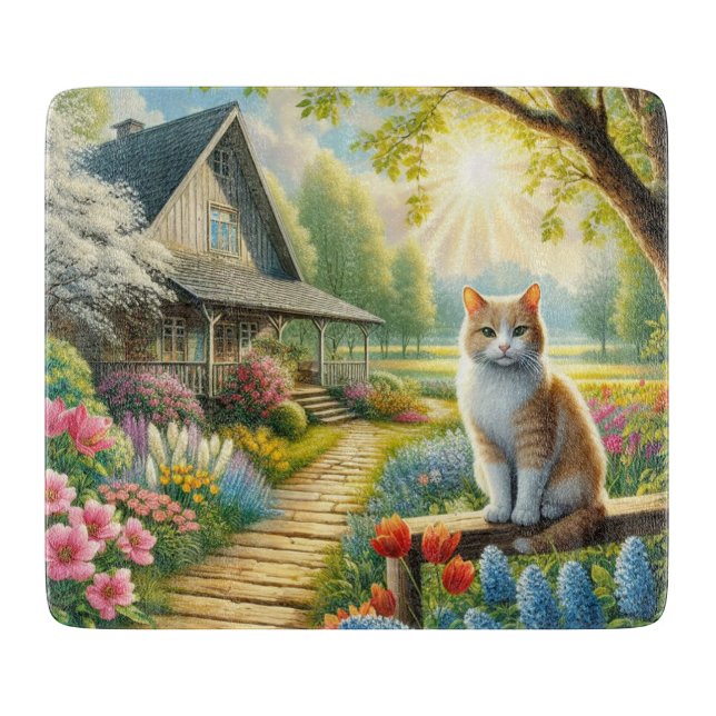 stuga/trädgård och katt i vår (Framsidan)