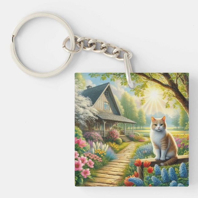 stuga/trädgård och katt i vår (Framsidan)