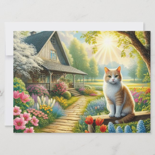 stuga/trädgård och katt i vår julkort (Framsida)