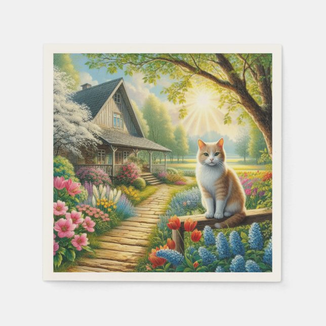stuga/trädgård och katt i vår pappersservett (Framsidan)