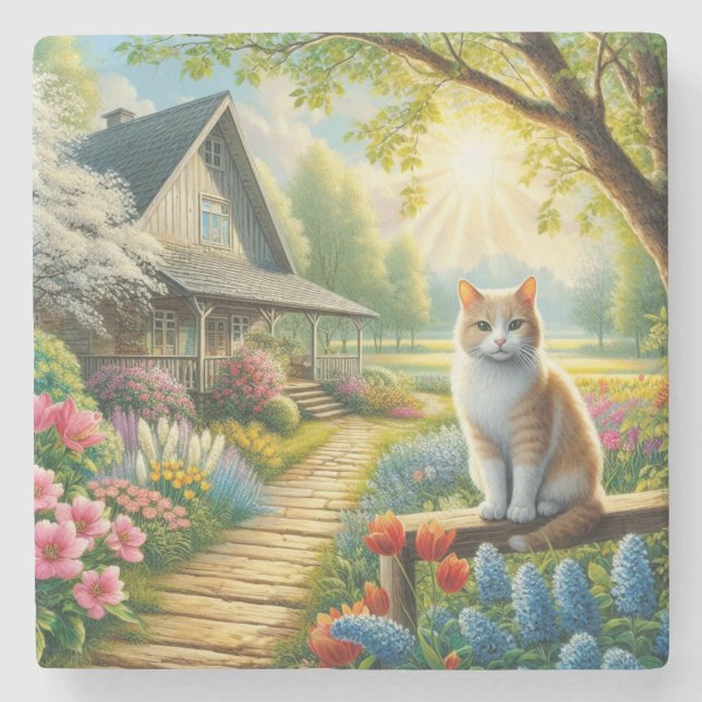 stuga/trädgård och katt i vår stenunderlägg (Framsidan)