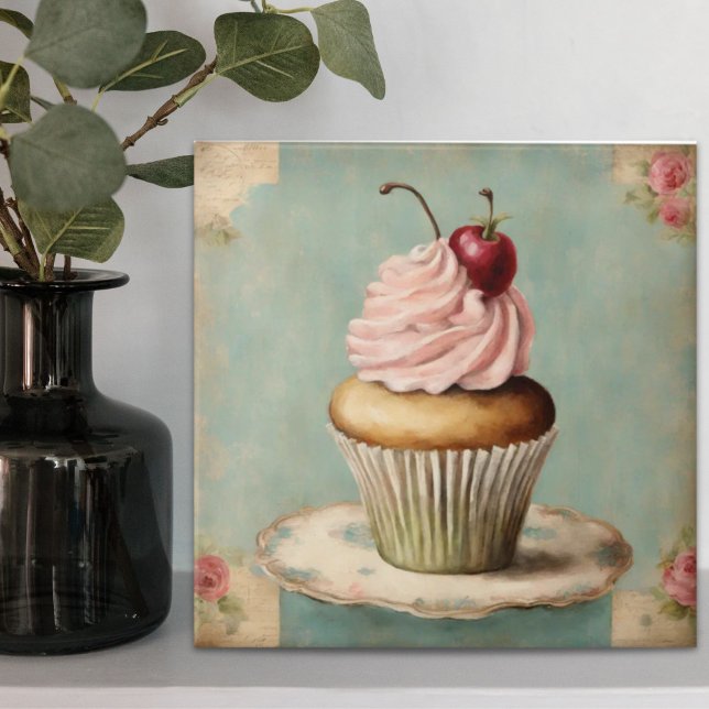 Stugid Kakelplatta (Cottagecore Vintage French Country Pink Cupcake Ceramic Tile)