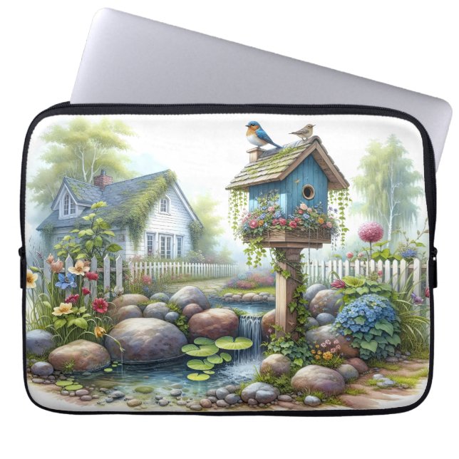 Stugidyll Birdhouse Trädgård Akvarell Laptop Fodral (Framsidan)