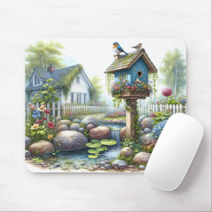 Stugidyll Birdhouse Trädgård Akvarell Musmatta