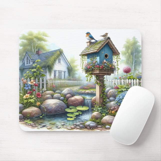 Stugidyll Birdhouse Trädgård Akvarell Musmatta (Med mus)